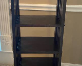 Oak mission style display stand six shelf (2 each) 45x14x11 HxWxD base is 14Wx13D. Michigan Chair Co. Slat Side Magazine Stand in quartersawn oak with original dark finish. $250 each. 