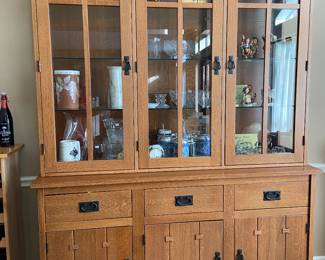 Mission Style Solid Oak China Cabinet. Buffet hutch. Buffet is 59” x 35” x 20” WxHxD. Hutch is 59” x 46” x 15” WxHxD. $500. 
