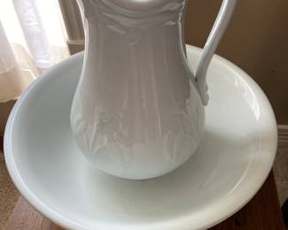 White ironstone China wash basin bowl 14” diameter 5” deep. J&G Meakin stamp. $100
Burslem white ironstone pitcher 12” H x 8” base $125