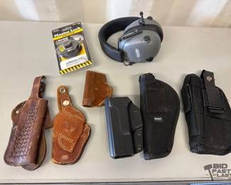 5502  6 Gun Holsters, Master Lock Gun Lock, Champion Range and Target Earmuffs 