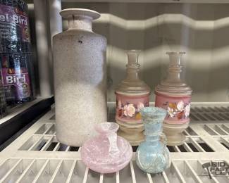 4534  Frosted Glass Decanters, Ceramic Vase and 2 Small Vases 