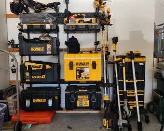 DeWALT Tough System Storage Track, DeWALT chain saw, DeWALT pole saw, DeWALT edger, DeWALT weed eater, DeWALT blower, DeWALT cooler, DeWALT purner, DeWALT mower