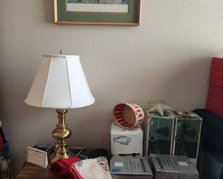 Nightstand, brass lamp, Christmas decor