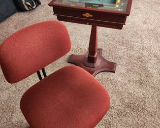 Office chair, Monopoly table, luggage
