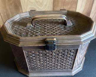 Plastic sewing basket full of notions $30