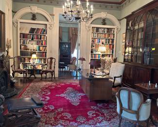 Lovely library, mid century desk, English chairs, pair French bergeres, game table, vivid oriental rug, many medical and reference books
