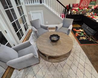Double Tiered Round Wood Table: 55in X 16 Tall~~3 Velvet Plush Gray Chairs