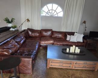 Leather sectional: 116 X 145 X 46~~ Multi-drawer Coffee Table with Metal Top: 67 X 44 X 17 tall~~End Table with Metal Top: 28 X 28 X 24 tall