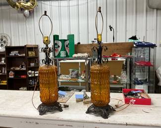 Amber Glass & Brass Table Lamps