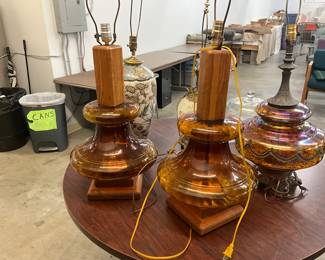 Amber Glass & Wood Table Lamps