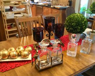 Restoration Hardware Boxwood Topiary, Wine Decanters in Brass Holder w/Key,  Gold Leaf Pomegranates, 