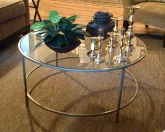 Cocktail Table 36" Round Glass Top Pewter Metal