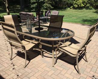 Cast Aluminum Oval Patio Table w/4 Arm Chairs, Umbrella & Stand