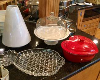 Cuisinart Heart Shape Cast Iron Dutch Oven, Cake Plate w/Glass Cover, Glass Fish Shape Serving Dish
