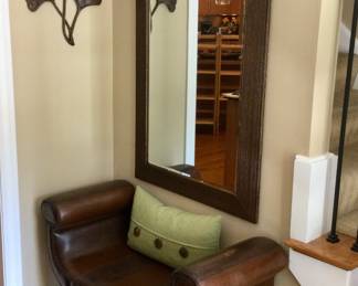 Leather Rolled Arm Bench w/54 x 32 Wall Mirror 