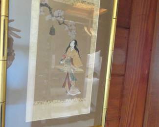 Framed Japanese hanging scroll painting of Geisha 21-1/2” x 13-1/2”