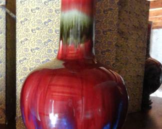 Tall red Chinese porcelain vase Jingdezhen, Jaingxi China with silk storage box
19” high x 10” dia