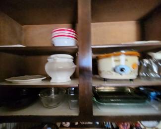 Ceramic white soup bowl, crock pot, pyrex bowls and casserole dishes