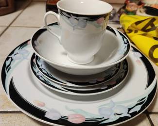 Black floral China setting - entree plate, bread plate, soup bowl, coffee/tea cup, saucer