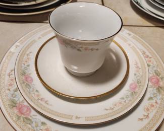 Gold and rose china setting - entree plate, bread plate, coffee/tea cup, and saucer.