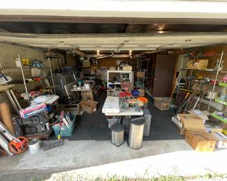 Lots of tools. Knitting yarn, books, garden tools, construction materials, lighting, plumbing, lots of power tools Hand tools.