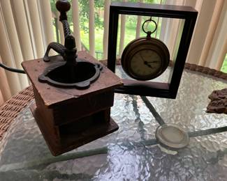 Antique coffee grinder, antique clock