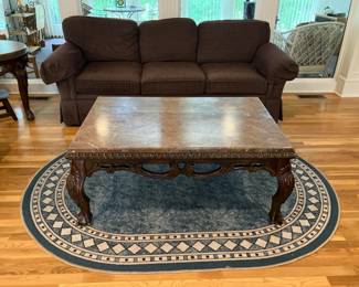 Marble-top coffee table, sofa w brown upholstery