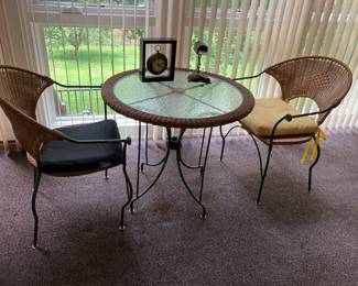 Wicker and iron table w 2 chairs