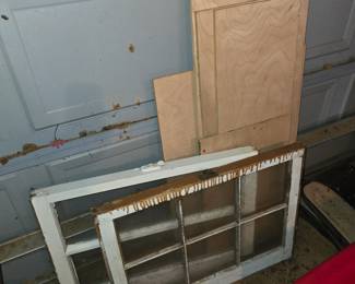 Old wood frame windows & misc veneer ply scraps