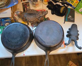 Griswold 8" 704 and Wagner Ware 1088B cast iron pans, cast iron boot remover