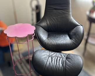 Vintage Massaud Style High Back Leather Swivel Armchair with Ottoman and Pink Flower Table