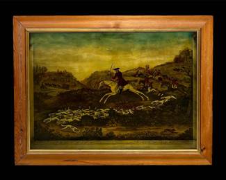 Vintage Original 'The Chase' Glass Painting by Portobello London Studios England