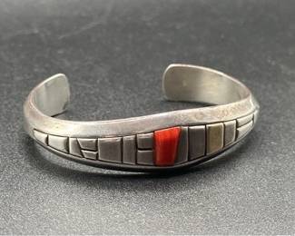 Ryan Sanchez 14k Gold and .925 Sterling Silver Modernist Cuff Bracelet with Red Stone Inlay