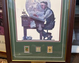 Norman Rockwell “Escape To Adventure” with three commemorative stamps. 1970s