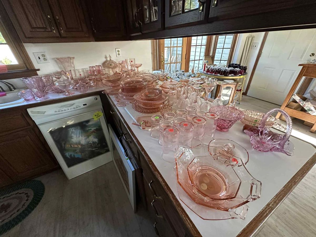 Pink glasses and dishware (2 framed art pieces shown below)