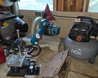 Makita compound saw, HDX pancake compressor, Dremel moto tool