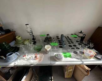 Vintage black glassware and green dishware