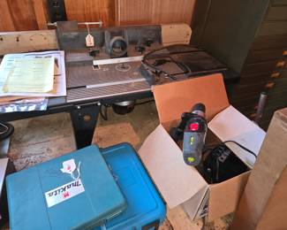 Makita cordless drill, Bosch jigsaw, Craftsman router table, Craftsman 1/2" hammer drill