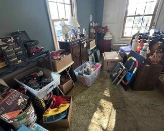 Vintage toys, lamps, salt & pepper shakers, cabinets, and piano sheet music