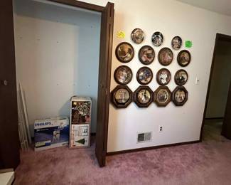 Framed plates, Vintage Kresge Christmas tree, outdoor reindeer display
