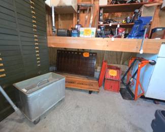 Rolling automotive tool cart, car blocks, vintage Montgomery Ward mechanic's rolling dolly, vintage (1969) wood playpen, hand cart body, and more