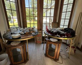 Tea cups, red glassware, vintage dishes, and internally illuminated end tables (2)