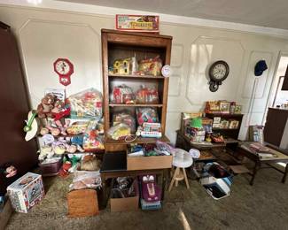 VINTAGE - Teddy Ruxpin, Cabbage Patch Kids, Furskins, Fisher Price Little People sets 1970 - 1984, Mickey Mouse, Rugby Bear, clocks, end table, bookcase, bench with yellow upholstery, and more