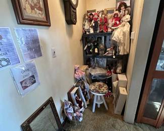 Vintage dolls, wall clock, art
