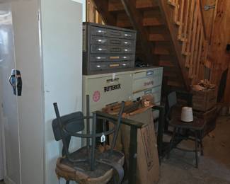 Metal cabinets, vintage sewing table parts, vintage industrial chair/stools