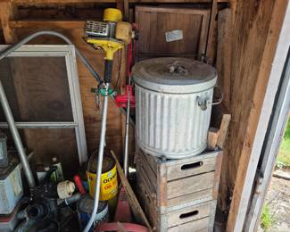Weed whacker, wood folding chair, wood crates, mini trash can