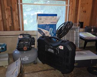 Dremel accessories kit, Black & Decker 1/4" deluxe drill kit, Vintage industrial propane space heater, Craftsman all-in-one AV rotary cutting tool