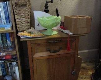 side table, fenton pedestal bowl, lamp