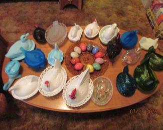 candy dishes and alabaster(?) eggs, egg plate