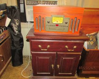 record player, nightstand, Earnhardt folding chair